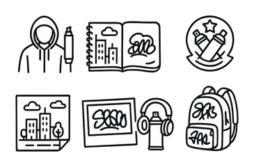 Line style icons of street art culture: hoodie and marker symbol, urban sketchbook, sticker bomb tag, art crew badge, city mural plan, photo of a wall, headphones + spray icon, tagged backpack.