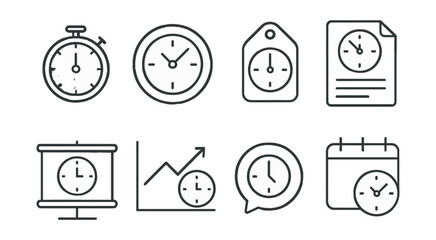 Line style icons of exam timing: countdown timer icon, start time badge, exam clock tag, time limit file, exam duration board, timing chart, finish time bubble, deadline symbol.