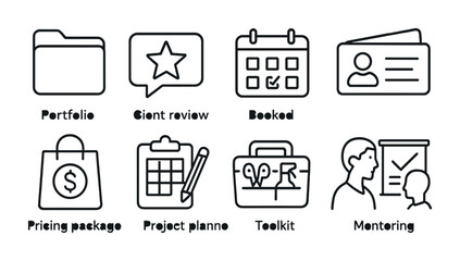 Line style icons of stylist career and growth: portfolio folder icon, client review star, booked calendar, business card sketch, pricing package icon, content creation plan, stylist toolbox, mentor