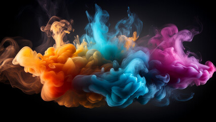 Colored paint splash each other in water against a black background, colored ink spreads and bursts like a colorful cloud, fluorescent lighting and natural glitter. AI-Generated