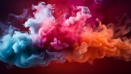 Obraz premium Colored paint splash each other in water against a black background, colored ink spreads and bursts like a colorful cloud, fluorescent lighting and natural glitter. AI-Generated