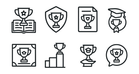 Line style icons of academic trophies: academic achievement icon, school trophy badge, scholar cup tag, student excellence file, graduation award board, top student chart, academic success bubble,