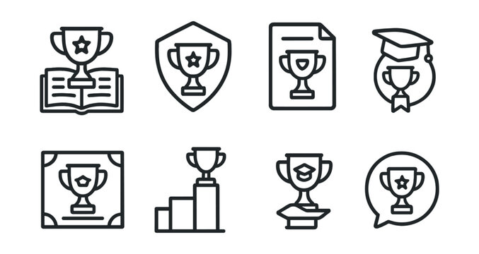 Line style icons of academic trophies: academic achievement icon, school trophy badge, scholar cup tag, student excellence file, graduation award board, top student chart, academic success bubble,