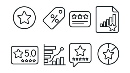 Line style icons of review score breakdown: score icon, percentage badge, detailed rating tag, analysis report file, rating points board, score distribution chart, average rating bubble, performance
