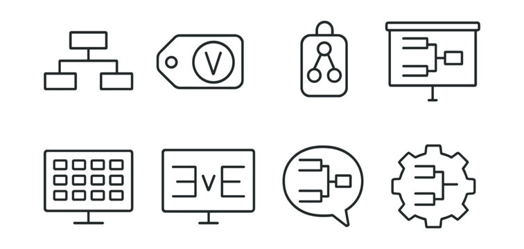 Line style icons of tournament brackets: bracket structure icon, match placement badge, round robin tag, competition format file, seating chart board, matchups chart, bracket progress bubble,
