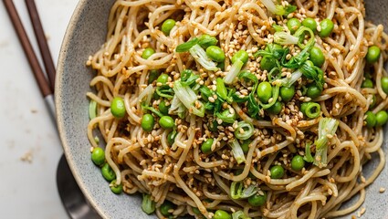 Delicious cold soba noodle salad with vibrant edamame fresh scallions nutty sesame seeds and flavorful tamari dressing captured from above