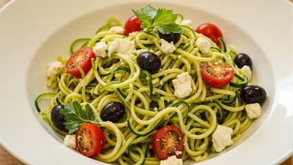 Fresh zucchini noodle salad with colorful cherry tomatoes olives and feta in a delicious vinaigrette dressing Healthy eating concept
