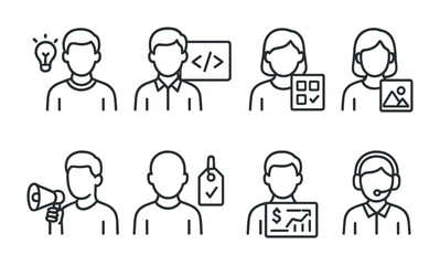 Line style icons of startup team roles: founder icon, CTO with code, product manager board, designer sketchpad, marketing lead megaphone, operations plan tag, finance dashboard, support lead icon.