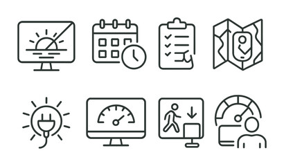 Fototapeta premium Line style icons of screen-life balance tools: sunset screen-off icon, offline hour planner, rest-first schedule, digital boundaries map, weekend unplug badge, calm screen meter, activity over