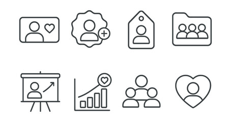 Line style icons of followers and subscribers: follower count icon, subscriber badge, loyalty tag, community file, follower growth board, engagement chart, audience bubble, fan base symbol.