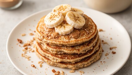Delicious stack of banana oat pancakes topped with almond butter fresh banana slices and a dash of cinnamon Perfect breakfast concept