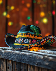 Colorful embroidered Mexican sombrero on rustic wooden surface