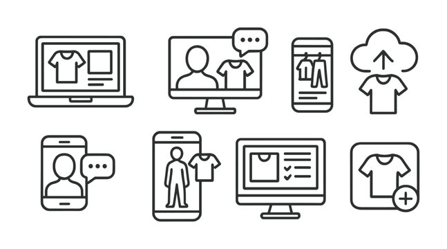 Line style icons of virtual styling services: online lookbook, video call + outfit match, digital closet viewer, upload your outfit icon, e-consultation icon, virtual try-on icon, screen + style plan
