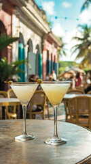 Elegant martinis served in a colonial-style café surrounded by tropical greenery and warm sunlight in a charming seaside town.