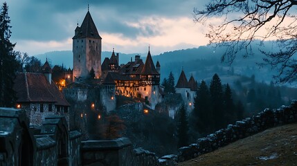 A picturesque medieval castle complex at twilight.