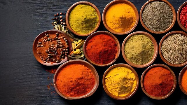 Assorted Colorful Ground Spices in Wooden Bowls Top View