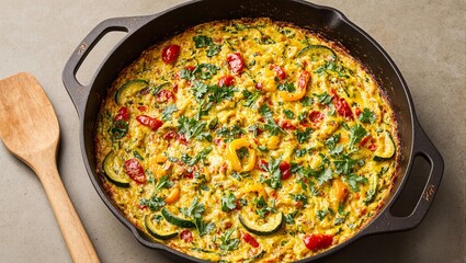 Delicious vegetable frittata with colorful bell peppers and zucchini garnished with fresh herbs in a rustic skillet setting