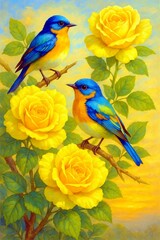 birds on a branch of rose