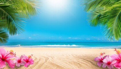 tropical leaf and pink flower frame in the sand sea blue sky background text space for summer advertised poster and flyer