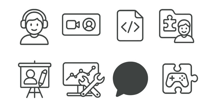 Line style icons of mod creators: modder icon, content creator badge, mod developer tag, community modder file, creator profile board, creator tools chart, modding community bubble, game mod symbol.