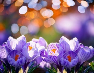 spring crocus blooming garden bokeh background