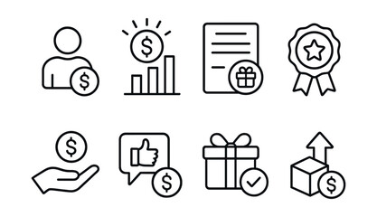 Line style icons of business bonuses: client acquisition bonus, monthly sales reward, bonus invoice slip, partner incentive badge, retention bonus hand, feedback-based reward icon, account milestone