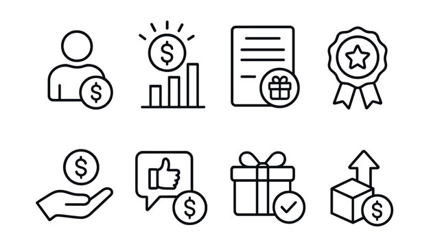 Line style icons of business bonuses: client acquisition bonus, monthly sales reward, bonus invoice slip, partner incentive badge, retention bonus hand, feedback-based reward icon, account milestone