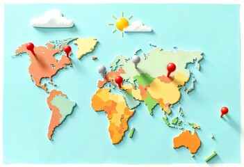 Colorful world map with puzzle pieces, location pins, and weather elements representing travel and exploration