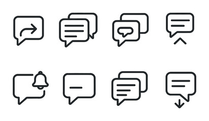 Line style icons of threaded conversations: reply to message arrow, thread icon, nested reply bubble, expand thread toggle, thread notification tag, focused reply view, thread summary icon, scroll to