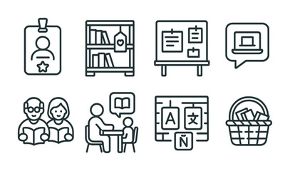 Line style icons of community library services: volunteer badge icon, donation shelf tag, community events board, help with tech bubble, seniors book club, reading tutor desk, language learning wall,