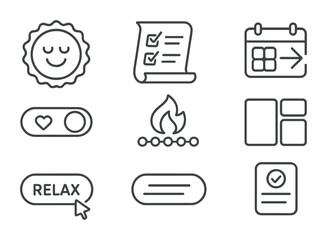 Line style icons of apps without pressure: “do what you can” badge, flexible task list icon, skip today option, guilt-free planner toggle, optional streak tracker, no punishment layout, relax & try