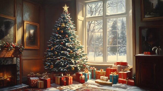 Christmas tree in a cozy room with gifts and snow outside.