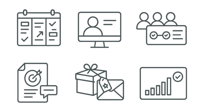 Line style icons of campaign management: schedule board with updates, creator dashboard screen, task timeline, team + content board, outreach plan document, reward logistics tracker, reply inbox icon