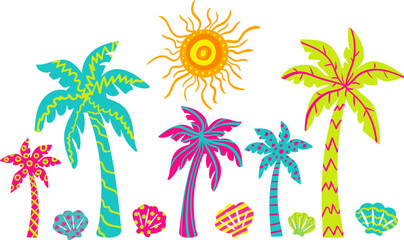 tropical summer vector elements with abstract palm trees, colorful shells, and decorative sun – bold vibrant design for beach vibes, web, kids travel themes
