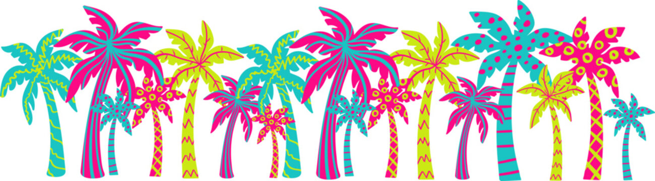 neon tropical palm tree vector elements in bold clashing colors &ndash; funky jungle exotic beach paradise art for summer party decoration, travel and surf design