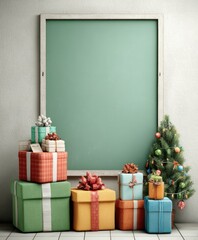 Stacked colorful gift boxes beside a black chalkboard on a wooden floor, bright indoor lighting.