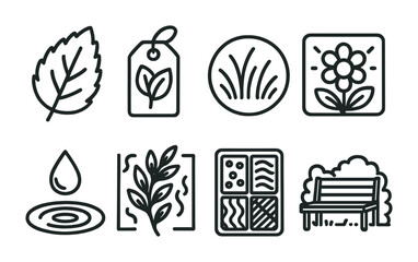 Line style icons of sensory experience in gardens: fuzzy leaf icon, scented herb tag, bright bloom focus, soft grass circle, water feature drop, rustling plant frame, variety of textures tray, quiet