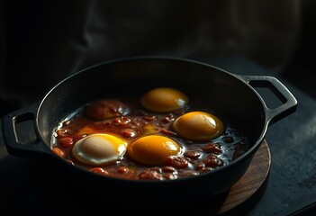 Dark and moody food image with cast-iron pan and shakshuka