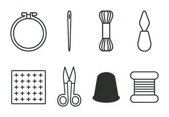 Obraz premium Line style icons of basic embroidery tools: embroidery hoop icon, sharp embroidery needle, floss skein bundle, threader tool, fabric square with grid, snips scissors, thimble with holes, thread