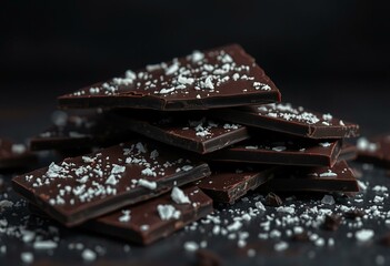 Dark chocolate bark with sea salt flakes on a dark background