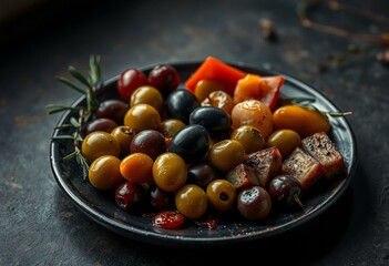 Dark ceramic plate with assorted olives and antipasti
