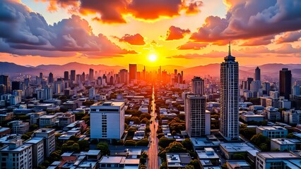 Conceptual illustration of a sunset cityscape,  n urban environment, showcasing sustainable design and urban biodiversity.