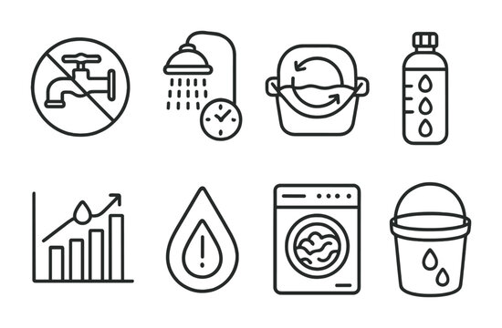 Line style icons of water-conscious behavior: turn tap off badge, shower timer icon, reuse rinse water label, water bottle with tracker, group water-saving challenge chart, drip alert icon, “wash