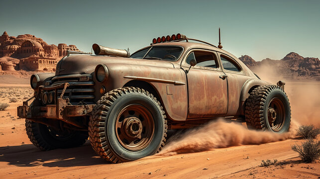 Rusty old apocalyptic monster car ridignt through desert