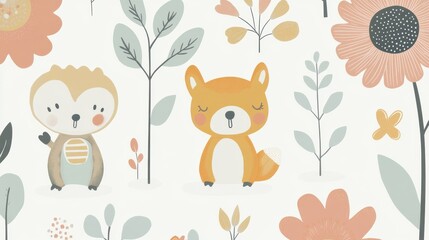 Obraz premium A cheerful, playful woodland pattern design for children.
