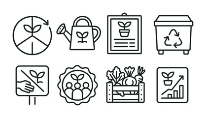 Line style icons of community plant care: rotating plant duty chart, shared watering can icon, courtyard schedule board, co-op compost bin, “ask before picking” sign, group weed + seed event badge,