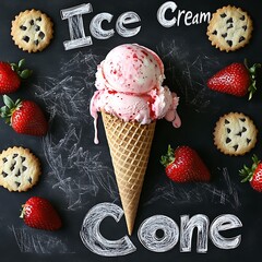 Delicious strawberry ice cream cone with fresh strawberries and cookies.