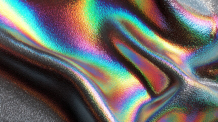 A silver iridescent hologram foil background shimmers with rainbow hues, symbolizing futuristic vision, transformation, illusion, and the beauty of shifting perspectives in a minimal form.
