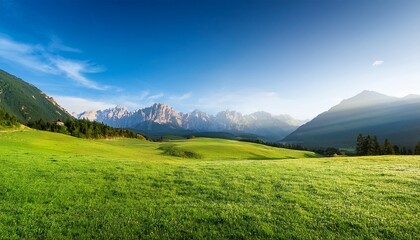 Obraz premium wide landscape scenery with beautiful green grass land and mountain range in the morning with copy space at side