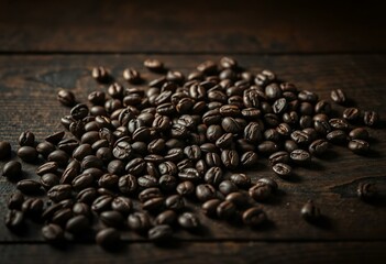 Fototapeta premium Dark and moody coffee beans on wood